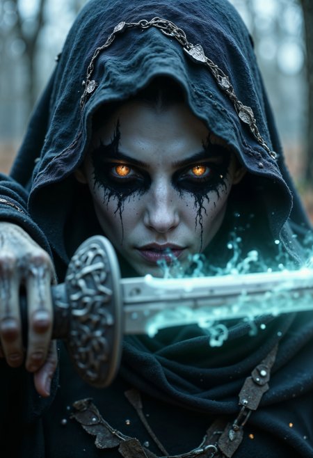 high-quality, masterpiece, A ghostly swordswoman, her face partially illuminated by the blade of her cracked sword, The camera focuses tightly on her eyes burning with a fierce ghostly light as she prepares to strike, Her breath fogs in the cold air, the faint glow of her skeletal hand grips the sword hilt with fractured armor trailing mist, The blurred battlefield behind her hints at fallen enemies and rising spirits, high contrast, dramatic close-up, motion blur, eerie glow, (elaborate fine details:1.1), (elaborately detailed attire with extraordinary elements:1.1), (hyperdetailed:1.1), (intricate details:1.0), (Refined details:1.1), (best quality:1.1), (high resolution:1.2)