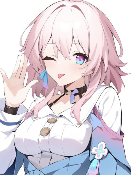 <lora:xl_March 7th(kohaku_Delta):1>,March 7th is a girl with short pink hair and pink blue eyes,She is wearing Sanyueqi Costume,1girl,one eye closed,solo,tongue out,white background,looking at viewer,upper body,simple background,medium breasts,virtual youtuber,hand up,;p,, masterpiece,best quality,