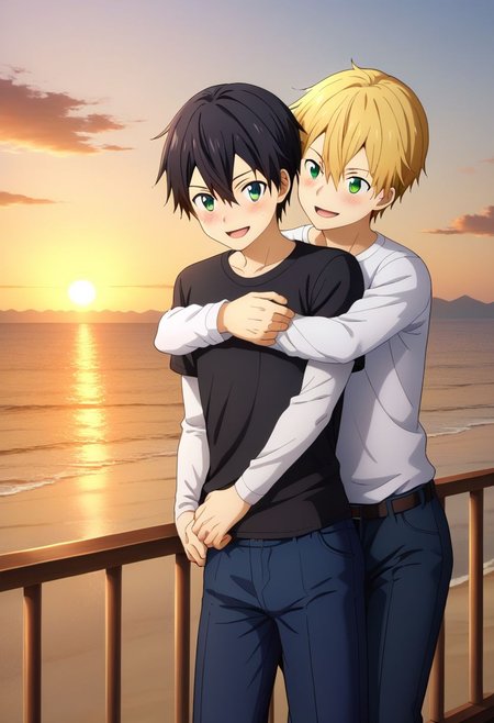 2boys, :d, bangs, open mouth, smile,(hug from behind), sunset, white shirt, yaoi, <lora:HUGGY:0.7>
Kazuto Kirigaya, SAO, black hair, black pants, black shirt, white socks, and
euego, green eyes,blonde hair,hair between eyes, blue shirt, blue pants, socks, green eyes, blush