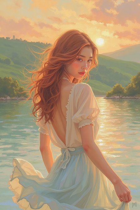 A serene woman stands at the edge of a sparkling lake at sunset, her auburn hair flowing gently in the breeze. She wears a soft, cream-colored blouse paired with a light blue, frilly skirt that moves delicately with the wind. Her pose is relaxed yet elegant, with one hand resting lightly on her hip and the other brushing against her skirt as she gazes over the water. Rolling green hills stretch into the distance, dotted with clusters of trees, while the lake reflects the warm orange and pink hues of the sky. The illustration is semi-realistic, emphasizing soft textures, warm tones, and the tranquil beauty of the lakeside scene,Ar89,concept art