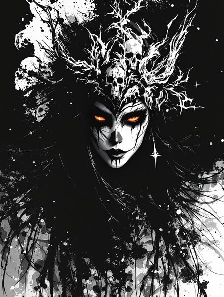 expressive poster ink art, Silhouette Art, magnificent, broad expressive brushstrokes, masterpiece, portrait of beautiful oriental female shaman, long black hair with skull-themed helmet, black and white face paint in a skull fashion, burning bright eyes, chiascuro, looming out of a black background, high contrast, erotic, sexy, HD32K, wallpaper, hyperdetailed, concept art