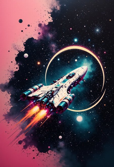 aidmainkstyle, abstract oil painting, gradient vibrant neon colour, rough, textural, broad brush strokes, a sleek spaceship traversing interstellar space, detailed night sky with stars and nebulas