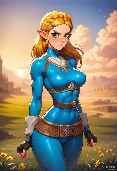 core_9, score_8_up, score_7_up, 
1girl, Marcille Zelda, solo, 
large breasts, 
blue latex, sweaty battlesuit dress, tight bodysuit,
Serious scared expression,
(fighting on battle field with her army,
Battle field Crown of medieval soldiers,
From breath of the wild, hyrule:1.1)