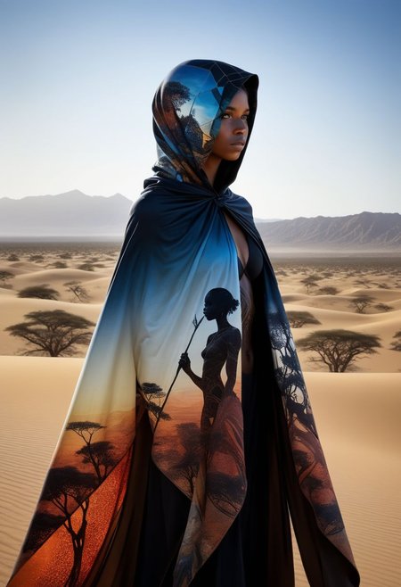 mysterious silhouette exotic woman with cape, african safari desert, goddess, alluring, by Minjae Lee, Carne Griffiths, Emily Kell, Steve McCurry, Geoffroy Thoorens, Aaron Horkey, Jordan Grimmer, Greg Rutkowski, amazing depth, double exposure, surreal, geometric patterns, intricately detailed, bokeh,  perfect balanced, deep fine borders, artistic photorealism , smooth,  great masterwork by head of prompt engineering   <lora:add-detail-xl:2>  <lora:Double_Exposure:0.5>