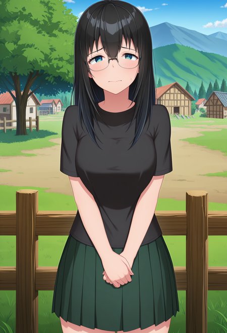 anime screencap, masterpiece, best quality, <lora:Keiko [Illustrious] Ota Guchi Field:1>, 1girl, solo, ContGirKei, glasses, black hair, long hair, black shirt, t-shirt, green skirt, pleated skirt, standing, looking at viewer, cowboy shot, nervous, fidgeting, outdoors, scenery, tree, village, grass, wooden fence, blue sky,