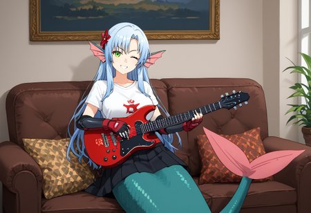 score_9, score_8_up, score_7_up, score_6_up, high resolution, gorgeous, absurdres, best quality, anime screencap, source_anime, 1girl, Marisa Milos, ((((mermaid)))), ((((mermaid tail)))), head fins, long hair, blue hair, green eyes, red tail, large breasts, black skirt, blue t-shirt, red bandana, elbow guard, fingerless gloves, hair ornament, sitting, couch, smile, electric guitar, holding instrument, playing, wink, looking at viewer, Expressiveh, living room