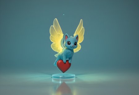 side viewfrom below, cute whimsical resin figurine of (Firefluff - a , winged creature that emits a soft, warm glow, reminiscent of a firefly, from its fur:1.35), figurine stand, detailed features, (floating hearts:0.82), in love,  animal heart, holding red heart, (passing heart towards viewer:0.89), (animal valentine:1.31), p16<lora:sdxl\oldPhoto_v1.0.safetensors:0.86:0.18> <lora:sdxl\add-detail-xl.safetensors:0.86:0.10>  
p16,s6