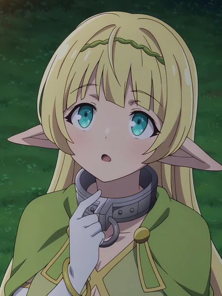 <lora:Shera:0.8>, shera l. greenwood, 1girl, solo, elf, long blonde hair, blue eyes, pointy ears, green hairband, metal collar, o-ring collar, green cape, green dress, gold bracelet, elbow gloves, thinking, open mouth, raised eyebrows, standing, finger to own chin, arm at side, portrait, looking up, outdoors, grass, dark