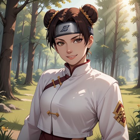 score_9, score_8, BREAK, dark brown hair, hair in twin buns, double buns, maroon loose high-waisted martial pants, curtain bangs, forehead protector, white shirt, black gloves, white chinese martial arts top, maroon sweatpants with side slits, brown eyes, sexy pose, self portrait, smile, outdoors, sunlight, shadows, evening lighting, natural lighting, forest, trees, grass, orange sky, sunset