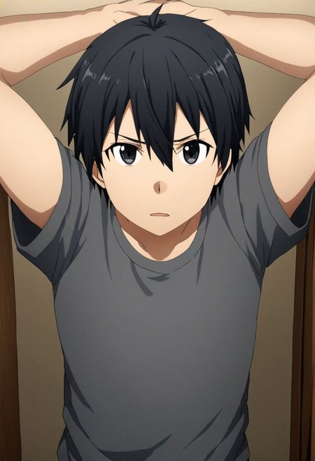 high resolution, solo, best quality, 1Boy, Kazuto Kirigaya, Black Hair, Black Eyes, kabedon POV, T-Shirt, OverallDetail