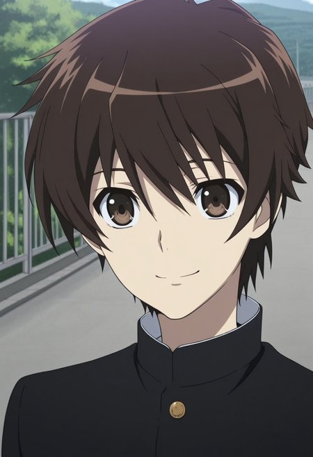 masterpiece,best quality,amazing quality, source_anime,
KoichiSakakibara, 1boy, male focus, solo, brown eyes, brown hair, school uniform, gakuran, jacket, black jacket, buttons, smile, outdoor, portrait,