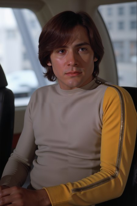 a young handsome man with black longer hair wearing beige s1999unf with right yellow sleeve piloting a spaceship<lora:S1999_FLUX><lora:aidmaMJ6.1-FLUX-V0.1:0.6><lora:Movie_Portrait><lora:Flux DetailerV2>