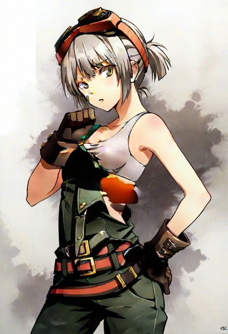 gloves, goggles, grey hair, goggles on head, overalls, hand on hip, ponytail, belt, bra, short hair, brown eyes