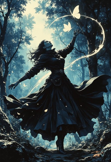 A nimble rogue spins through the air, captured in a mid-motion backflip, their cloak fanning out like a shadowed wave behind them. Their arms extend dynamically, one hand gripping a glinting dagger, the other reaching forward, fingers just brushing the delicate wings of a glowing butterfly suspended in mid-flight.
The rogue’s body arcs gracefully against a backdrop of a dusky forest, where beams of ethereal light filter through the dense canopy, highlighting the motion in vivid detail. The soft trail of the butterfly’s luminescent flight path weaves a serpentine glow through the scene, contrasting with the rogue’s sharp, swift movements. Leaves and petals swirl upward in the air around them, stirred by the force of their momentum, emphasizing their agility and the kinetic energy of the pose.