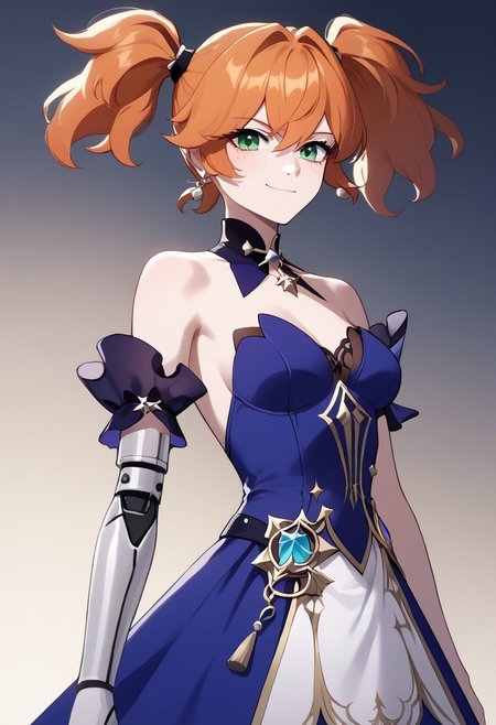 score_9, score_8_up, score_7_up, source_anime,
 solo, gaigebl2, orange hair, twintails, short twintails, single mechanical arm, freckles, medium breasts, green eyes, 
Smirk, 
<lora:gaigebl2-guy-v1PONYXL:1>
dress, <lora:srrobin.pony:1>
