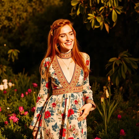 Pop Art, surrealist art Art Nouveau style A beautiful blonde woman wearing a stylish, flowing bohemian high neck dress adorned with intricate floral patterns. The dress has long, bell-shaped sleeves and a layered skirt that dances gracefully as she moves. Her hair is styled in loose waves with a subtle braided crown. She stands in a lush garden filled with vibrant flowers and greenery, illuminated by warm, golden sunlight. Her expression is serene and joyful, complementing the natural beauty of the scene, at night, beautiful smile, sensual pose  <lora:jialissa-ultimatev2:1> . elegant, decorative, curvilinear forms, nature-inspired, ornate, detailed . dreamlike, mysterious, provocative, symbolic, intricate, detailed, vivid colors, flat color, 2D, strong lines, Pop Art