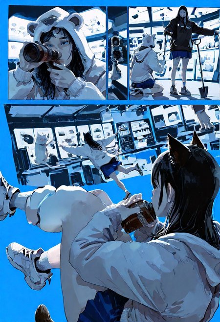 (dark black and white and blue background:1.1),  black and blue and white theme, dynamic lighting, backlighting, realistic,
oversized hoody, hood on, cat ears, white cat tails, black hair, long hair, short skirt, blue skirt, black and white sneakers, white socks ,posing for the camera, standing, jumping, floating, hands up, shovel,
sitting,  (2girls), (drinking coffee, bottle of coffee, long hair, machine vender, cafe,  (manga, multiple panels, comic,) bear focus, legs focus, face focus, perfect eyes,
manga magazine cover,