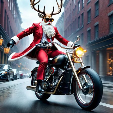 Epic mastepiece action picture of ((Santa)) dressed in a business suit with sunglasses riding a ( custom bike with a demonic deer skull on the front wheel top) ,  cinematic lighting, dramatic lighting, masterpiece, UHD, HDR, 8K, highly detailed,