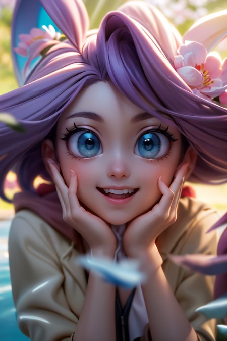, (best quality, masterpiece, colorful, highest detailed), dynamic pose, pose <lora:backlight_slider_v10:-1> <lora:eye_size_slider_v1:3>, ((((light rays)))), lens flare, 
a cartoon character with big eyes, round eyes, messy hair, curly hair,  with a trench coat and a scarf on her head, wearing a trench coat and a scarf around her neck, hands on own cheeks, smile,  Artgerm, trending on artstation, closed mouth, 
 architecture, bird, boat, branch, bridge, cherry blossoms,  east asian architecture, falling petals, flower, hanami, in tree,  outdoors, pagoda, path, petals, petals on liquid, pink flower,  plum blossoms, pond, river, scenery, sitting, s spring \(season\), tree, tube, water, wind, wisteria, 
(ultra-detailed body),  (beautiful background:1.3), (intricate details), (dynamic angle)