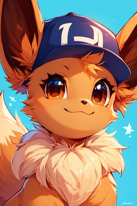 score_9, score_8_up, score_8,  ,,,  zzEV, looking at viewer, smile, hat, brown eyes, closed mouth, upper body, :3, blue background, happy, baseball cap, <lora:EeveePokedexPDXL:1.0>,   ,,, embedding:zPDXL, Expressiveh, <lora:CatalystStylePDXL:0.6>,  <lora:SDXLFaeTastic2400:0.5>,  <lora:Expressive_H-000001:0.4>,