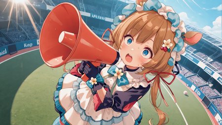 1girl,  solo,  face, standing,  from above, (looking up:1.2), dutch angle,
surprised, wide-eyed, open mouth, 
holding red megaphone,
keep the megaphone close to mouth,
shouting with megaphone,
sweat, sweat drop, 
audience, crowd,
<lora:niji-eli:1> nijieli,small breasts,blue eyes,brown hair,animal ears,deer ears,long hair,low twintails,red ribbon,, nijielicos,white shirt,frilled shirt,blue bowtie,black sleeves,puffy sleeves,corset,white skirt,frilled skirt,layered skirt,long skirt,white flower,asymmetrical pantyhose,two-tone pantyhose,split-color pantyhose,blue and red pantyhose,headdress,black gloves,,
(baseball stadium:1.2), mound,  day time, sunny day, sun, light rays,, masterpiece,best quality,amazing quality,
 detailed, high_detail, high resolution, 4K,HDR,high detailed, ultra detailed, high res, amazing quality,very aesthetic, absurdres absolutely resolution, newest, texture,  elaborate background,, <lora:illustriousXLv01_stabilizer_v1.164:0.4>
 <lora:add-detail-xl:1.5> <lora:Detail-Enhancer-v1.0:1>