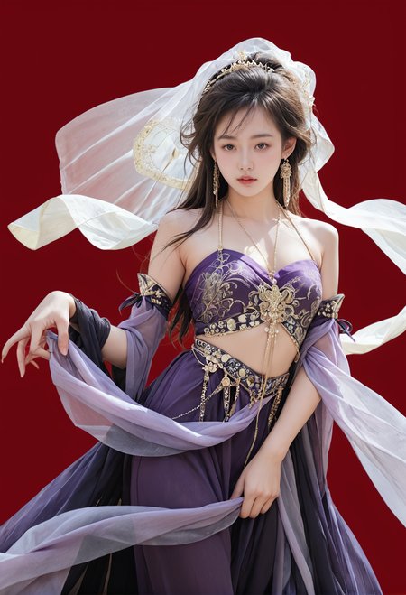 red background,1girl,solo,,ruanyi0757,detached sleeves,jewelry,purple dress,see-through,shawl,veil,<lora:0757 Exotic Priestess_v1_pony:1>, score_9,score_8_up,score_7_up,,8k,1girl,solo,