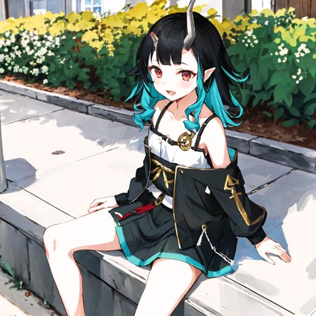 shishio chris,solo,1girl,<lora:shishio chris:0.8>,fang,demon horn