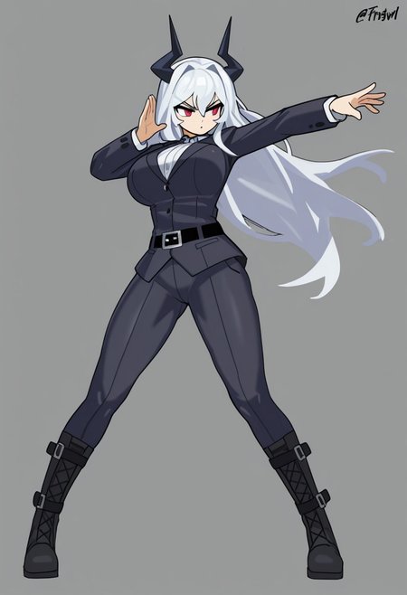 firstw1,best quality, silk rending, 1girl, solo, looking aside, pose, suit, white hair, horn, large breasts, buckle straps, boots