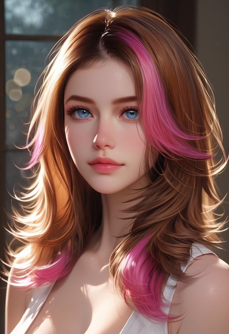 score_9, score_8_up, score_7_up, realistic, raw lighting, detailed, (warm colors, bokeh), score_9, score_8_up, score_7_up, realistic, raw lighting, detailed, (warm colors, bokeh), 18 year old, 
(brown hair with pink highlights wavy hair) (blue_eyes),mcvalensia, portrait, <lora:mcvalensia:1>