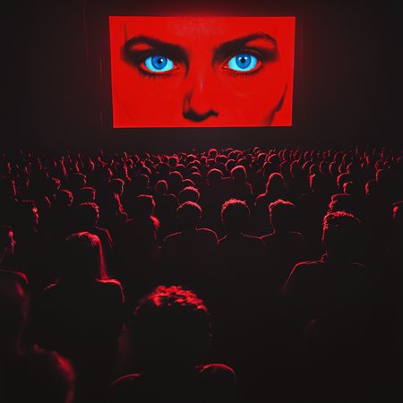 <lora:SurrealHorrorMovieSDXL:1> Surreal Retro Horror movie Still, The image shows a crowd of people watching a movie on a large screen illuminated by bright lights. At the top of the screen we can see the eyes of the people in the audience., crowd, 6+boys, eye focus, red theme, multiple girls, multiple boys, silhouette, 6+others, 1girl, 6+girls
