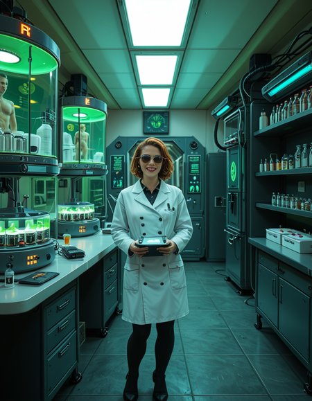 "A hyperrealistic scene of Gordon Freeman in his HEV suit eating lasagna at a retro 90s kitchen table, surrounded by domesticated headcrabs acting like pets, a Vortigaunt washing dishes in an apron, cinematic lighting, absurdity meets realism, surreal textures, intricate kitchen details, nostalgic yet eerie ambiance." looking at viewer,A (woman scientist:1.3),short brown hair, standing confidently in front of a futuristic laboratory,futuristic l4b0r4t0ry, filled with advanced technology and glowing screens. She is wearing a sleek, high-tech lab coat with metallic accents Her posture is upright,gesturing towards a large containment chamber with the other. Inside the chamber, faint outlines of humanoid figures are visible, suggesting the development of super soldiers. The laboratory is illuminated by soft neon lights in shades of blue and green, with detailed machinery, robotic arms, and vials of glowing substances scattered across workstations. The atmosphere is futuristic, clean, and high-tech, with a sense of intense innovation and ambition.<lora:SDXLFaeTastic2400:0.4> <lora:extremely_detailed:0.4> extremely detailed <lora:futuristic_l4b0r4t0ry:1>, Masterpiece,best quality,hi res,8k,hi res,8k,award winning,(sharp focus, intricate, highly detailed),