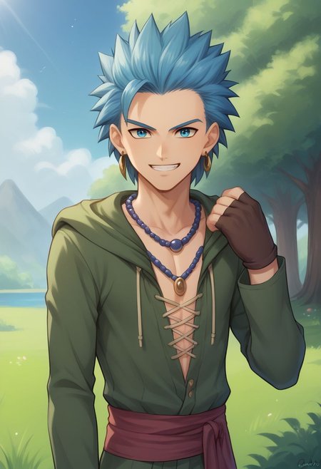 score_9, score_8_up, score_7_up, source_anime, highly detailed, 1boy, solo, male_focus, half body, half body,
erik, solo, 1boy, male focus, jewelry, earrings, blue hair, necklace, gloves, fingerless gloves, blue eyes, pants, spiked hair, brown gloves, grin, smile,
outdoor,