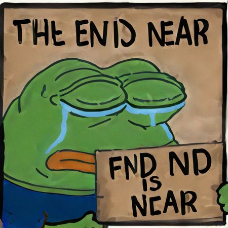 Thanos pepe the frog, "The End iS nEaR",  sad, holding a sign, simple white background