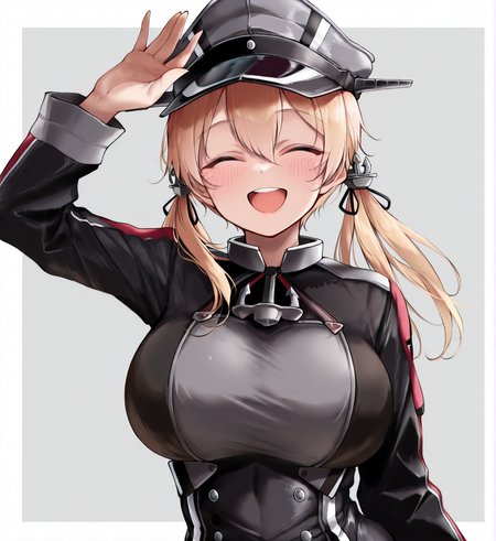 <lora:Pepa:1.3>,1girl, (prinz eugen \(kancolle\):0.9), huge breasts, wide hips, kantai collection, :d, ^_^, anchor hair ornament, arm up, black jacket, black ribbon, blonde hair, blush, breasts, closed eyes, cross, grey headwear, hair between eyes, hair ornament, hair ribbon, hat, iron cross, jacket, long hair, open mouth, peaked cap, ribbon, smile, solo, teeth, twintails, upper body, upper teeth only,
very awa, masterpiece, best quality, highres, absurdes,amazing quality,very aesthetic,intricate details, <lora:hand 5.5:1>