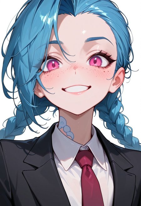 masterpiece, best quality, amazing quality, very aesthetic, absurdres, 1girl, solo, LP_jinx, blue hair, twin braids, pink eyes, tattoo, freckles, flat chest, black suit, formal suit, red tie, white shirt, happy, looking at viewer, portrait, simple background, white background, blush, upper body, centered,