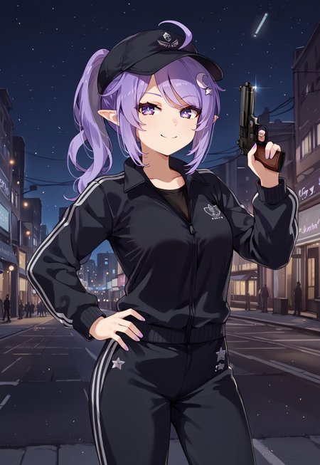 SleepyProject, track pants, track jacket, track suit, purple eyes, purple hair, ponytail, pointy ears, baseball cap, black jacket, black pants, ahoge, long sleeves, swept bangs,

looking at viewer, hand up, holding gun, handgun, m1911, smug, smile, hand on own hip, 

street, lamppost, city, neon lights, dark, night, night sky, 

1girl, solo, solo focus, highres, absurdres, light particles, backlighting, shade, lens flare, shiny skin, fine fabric emphasis,