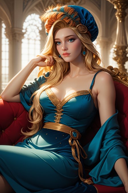 score_9, score_8_up, score_7_up,
<lora:W3Priscilla:0.8>
W3Priscilla, 1girl, long hair, blonde hair, blue eyes, hat, reclining on a vintage chaise lounge, one arm draped over the back, elegant ballroom with crystal chandeliers, soft ambient lighting, luxurious and sophisticated setting