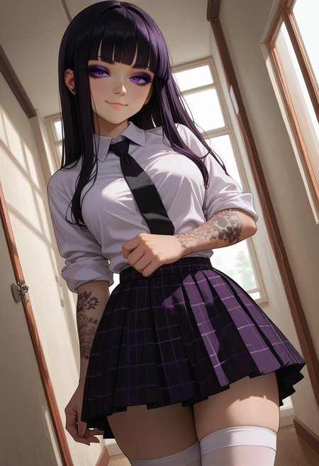 (score_9, score_8_up, score_7_up), 1girl, solo, black hair, purple eyes, long hair,  straight bangs,  26 years old, medium breasts, (goth:1.1), ass, eyeshadow,
(white shirt, black tie, checkered pleated skirt, white stockings, thighighs:1.1), checkered skirt,  hime cut,  rolled up sleves, standing, looking out window,
tattoo, tattoo on body, tattoo on arm,
Expressiveh,
fisheye,  (dutch angle, face close-up, face focus :1.1), 
(hallway, indoors:1.1), college,
(smug:1.1),