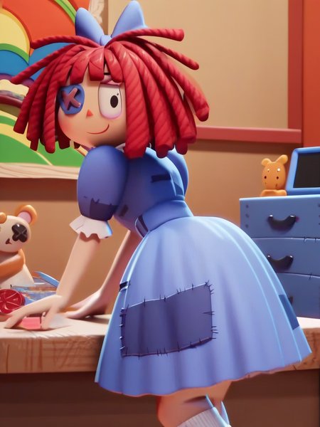 score_9, score_8_up, score_7_up, 1girl, leaning forward, cute pose, very happy, looking at viewer, dynamic pose, cowboy shot, playroom, geometry toys, sitting, from behind, ass focus, white socks,,
 <lora:ARagathaV2_character:1>, RagathaXLP, red hair, eyepatch, black eyes, hair bow, dress, puffy short sleeves, blunt bangs, cartoon, screencap,