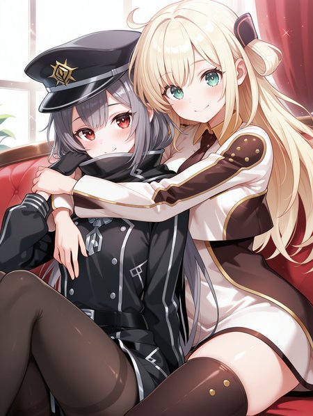 2girls, hug, smile, looking at viewer, yuri, blush, sitting, sky striker ace - raye, ordinary uniform, brown hair ornament, white cropped jacket, brown waist cape, white collared dress, brown thighhighs, brown necktie, sky striker ace - roze, black scarf, black military uniform, black gloves, black pantyhose, black peaked cap,
masterpiece,best quality,amazing quality,very aesthetic,absurdres,newest,<lora:Sky striker ace - Raye & Roze illusXL v1.1:0.76>,