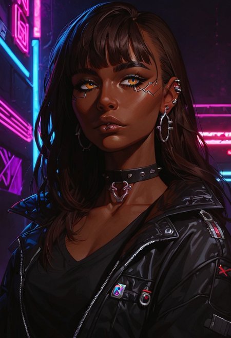 score_9, score_8_up, score_8_up, 1 Indian girl, dark-skinned girl, cyberpunk, brown hair, ((long hair)), ((bangs)), straight hair, piercings, choker, portrait, ((streetwear)), average tits, teardrop shaped tits, fit body, thin waists, beautiful, night neon lighting, negative_hand, g0thicPXL, GTA
