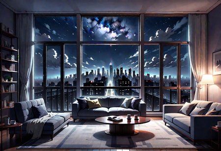 ((front view)), Shallow scene, (((animation style))), (night), modern-style interior, with white walls, (large windows), a  study, Sofa, coffee table, bookcase, single wall, ((dark room)), quiet and mysterious night sky,  city night view, (City high-rise building scenery), (City scenery outside the window), starry sky, moonlight,
