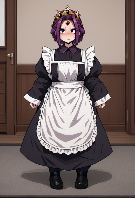 MIRELLIA Q MELROMARC, CROWN, TIARA, maid, full body, ShrinkingConcept, shrinkingclothing, oversized clothes, shrinking, full body, child, small