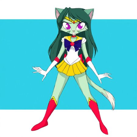 L1l1th_Ca1a4,1girl,solo,furry,furry female,cat girl,long hair,green hair,cat ears,purple eyes,snout,animal nose,body fur,two-tone fur,green fur,white fur,cat tail, sailormooncosplay, forehead_tiara, blue back bow, yellow sailor collar, yellow skirt, red boots,purple bow, brooch, choker, elbow gloves, gloves, jewelry, knee boots, pleated skirt, sailor senshi uniform, skirt, white gloves, full body, street