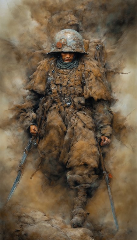 Drawing inspiration from modern masters like Yoshitaka Amano,Range Murata,Katsuya Terada, the artwork should encapsulate As unyielding rain turns into shimmering medals and handwritten notes, soldiers find shelter in the trenches, their expressions a mix of resilience and nostalgia, their uniforms soaking with both water and memories. while emphasizing elements of deep digital painting layers