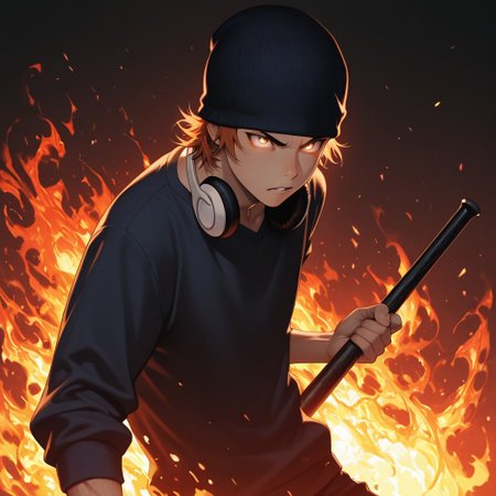 masterpiece, best quality, amazing quality, absurdres, newest, detailed background, definition so sharp, Ultra-HD, 8K cinematic, very awa, impressionate, amazing quality, highres, 
solo, male focus, manly, 
1boy, short hair, beanie, headphone around neck, misaki_orange hair, misaki_brown eyes, misakiyata, holding bat, flames \(effect\), glowing eyes, low angle, dramatic lighting, intense, passionate, dynamic, youthful strength, striking a pose, determined expression,