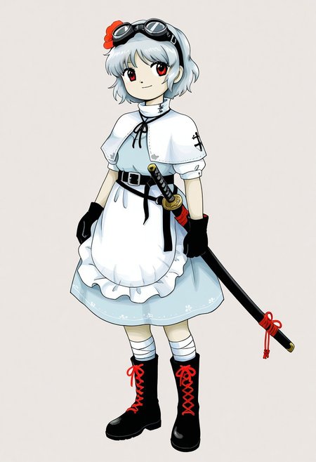 watercolor, aesthetic, colorful, jaggy lines, zun \(style\), BREAK, 1girl, solo, (short, small body, grey hair, short hair, red eyes, black tanker goggles on head, poppy flower in hair, white capelet, white sleeves, short sleeves,  katana sheath, white apron, light blue dress, white leg wraps, black gloves, black boots, red laces, black belt), standing, simple background,