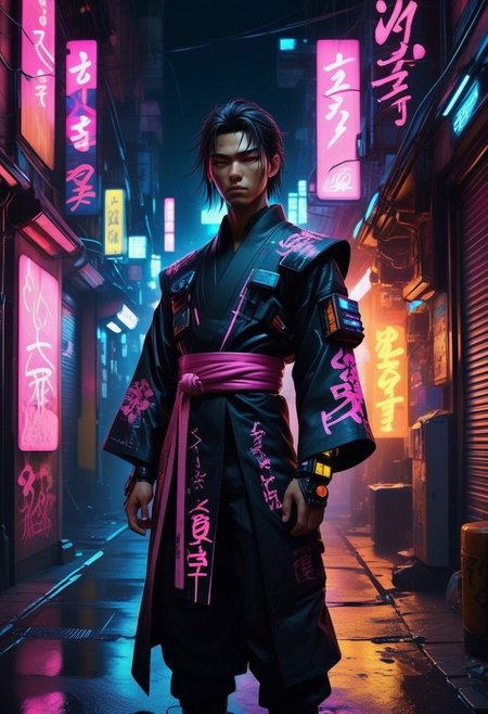 Portrait of augmented street samurai in a cyberpunk environment, Japanese, tough and battle-hardened expression, cybernetic enhancements visible on arms and legs, dressed in black yukata inspired outfit with neon accents, standing in a dark alleyway with neon signs and graffiti, air filled with the scent of ozone and fried electronics, distant sounds of traffic and electronic music, use of 'high resolution', '8k', 'hyper-detailed', 'cyberpunk', 'dramatic lighting' to highlight the augmentations, 'depth of field' for immersive effect, 'HDR' for high dynamic range