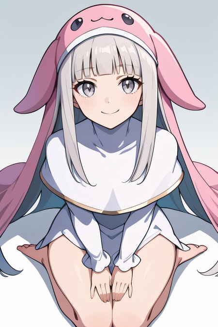 score_9, score_8_up, score_7_up, source_anime, rating_safe, intricate details, 1girl, solo, <lora:Sistermon_Blanc:1>, blanc, grey hair, grey eyes, blunt bangs, white dress, white capelet, long sleeves, thighs, smile, cowboy shot, looking at viewer, simple background, pink animal hat, very long floppy animal ears, long pink veil, kneeling, barefeet, from above, pov, thick thighs, five fingers, hands on knees