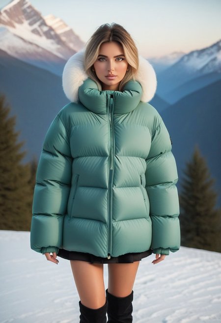 ((((sherpa puffer padded jacket)))), ((((sharpa puffer padded coat)))), ((((puffer skirt)))), ((((cowboy shot)))), ((((from back)))), standing, winter, snow, mountains, 1girl, solo, (masterpiece), (detailed face, detailed eyes), (beautiful detailed eyes:1.5), sidelighting, (super detail, hyper detail, intricate_details, detailed), looking at viewer, (semi realistic:1.6), very detailed face, (Blonde hair), (white hair), absurdly long hair, hair between eyes, (straight hair), (green eyes), put your hair behind your ears, eyelashs, eyeliner, (eye shadow:0.5), wet hair, sweat, white skin, Angry face, (blush), padded cuffs, padded collar, Thick padded cuffs, Thick padded collar, <lora:Collar-SDXL:0.6>, <lora:Cuffs-SDXL:0.6>, <lora:Puffer_Jacket_and_Down_Jacket_-_Extra_Puffy_Jackets:0.6>,  <lora:puffer_skirt_v1:0.6>